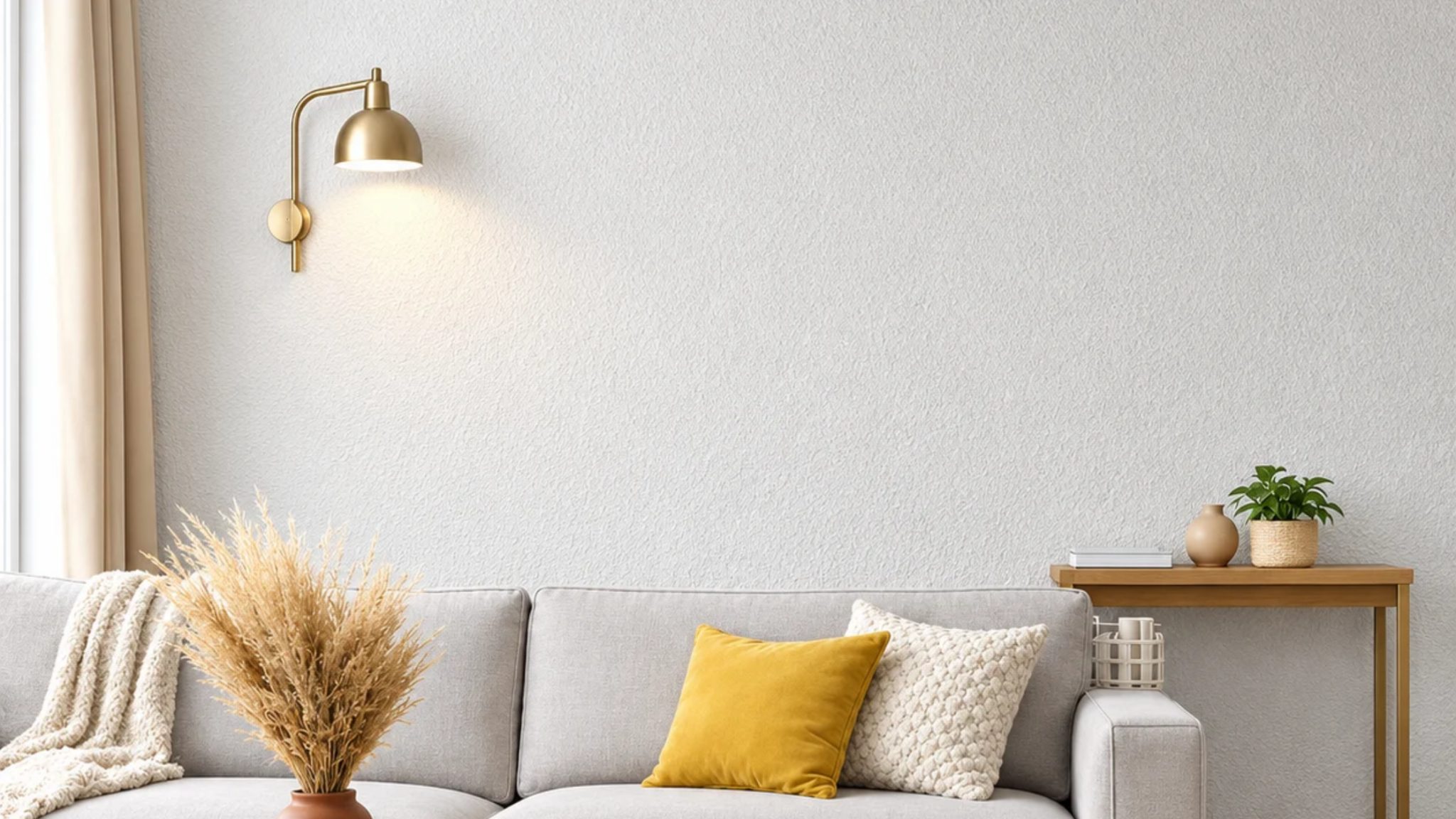 Soft textured limewash-style living room wall behind a sofa, brass wall light and dried grasses