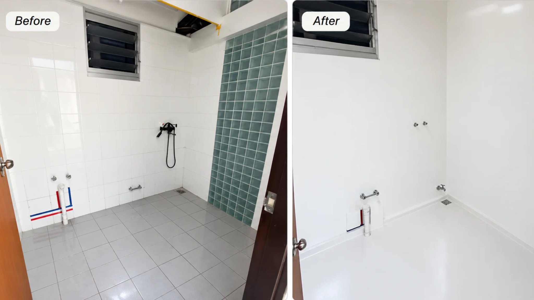 Bathroom before and after microcement: tiled shower converted to a seamless white finish, Singapore home