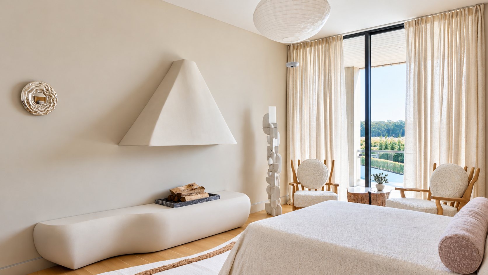 Modern bedroom with seamless microcement fireplace and soft cement-toned walls